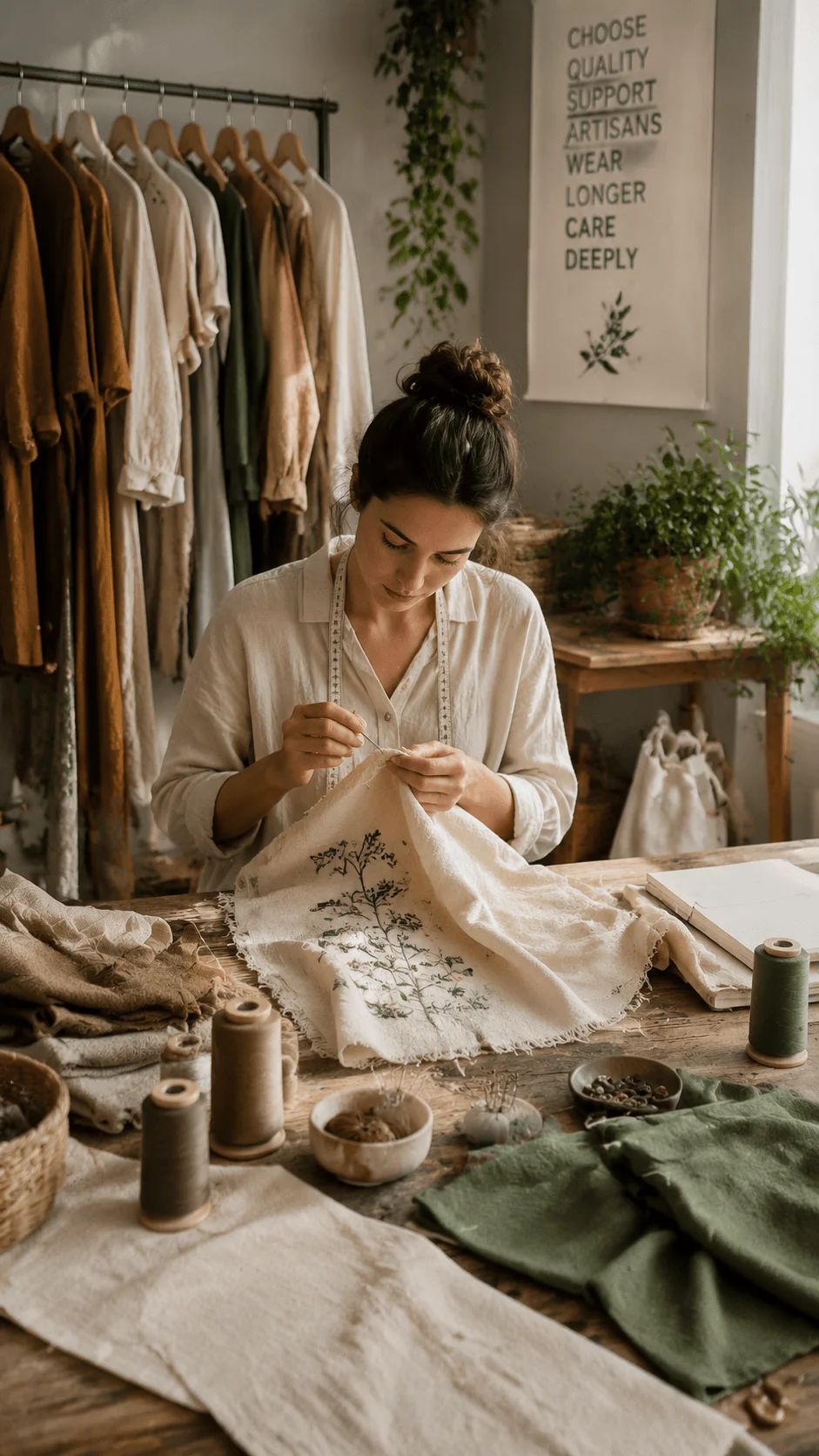 Slow fashion design featuring an artisan creating handmade clothing with natural fabrics, ethical craftsmanship, sustainable materials, and a thoughtful studio environment focused on quality and durability