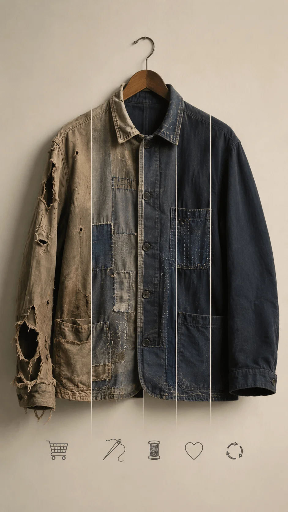 Slow fashion poster showing a timeless repaired denim jacket with visible stitching, fabric restoration details, sewing icons, and minimalist design elements representing conscious consumption, clothing longevity, repair culture, and sustainable fashion choices