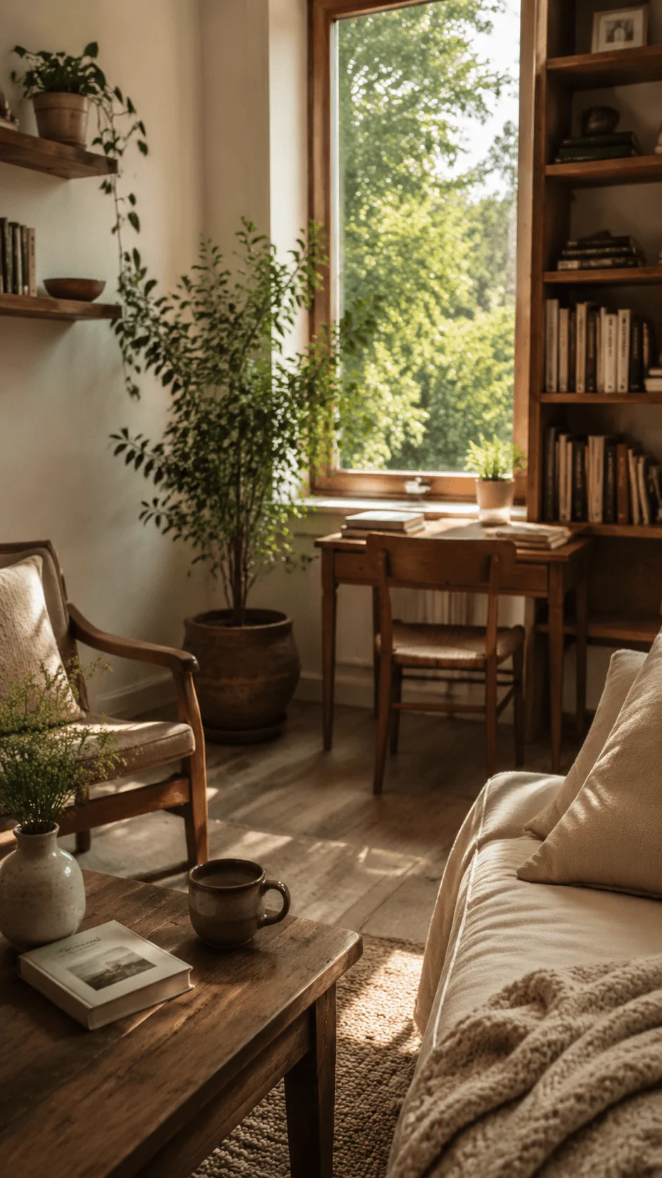 Slow living home aesthetic with cozy natural interiors, wooden furniture, indoor plants, soft sunlight, reading space, and a peaceful intentional living environment with warm earthy tones