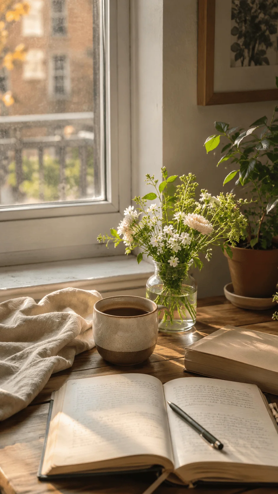 Slow living morning photography featuring a cozy natural home setting with coffee, open journal, fresh flowers, sunlight through a window, and peaceful mindful lifestyle elements.