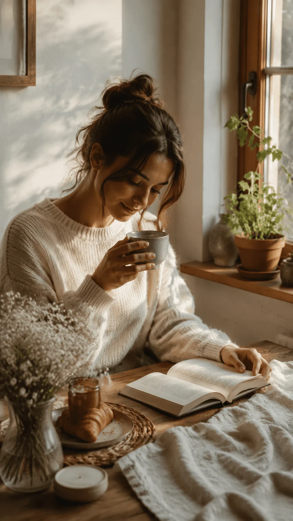 Slow living photography featuring a person enjoying coffee and reading a book beside a window with natural light, plants, flowers, linen fabric, and warm cozy home elements creating a peaceful sustainable lifestyle atmosphere
