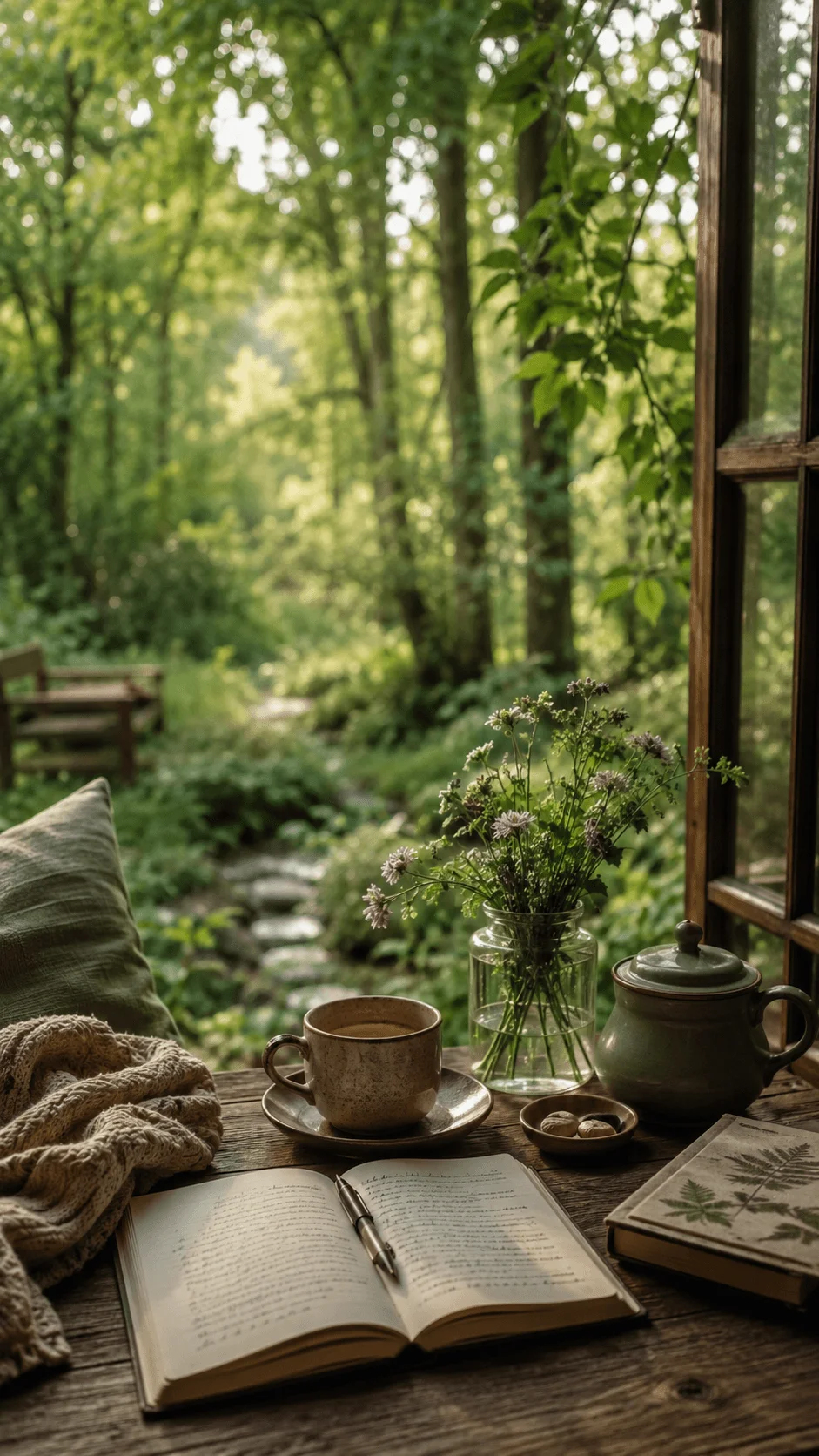 Slow living aesthetic scene with open journal coffee cup flowers and cozy blanket beside a forest window creating a peaceful natural connection with earth