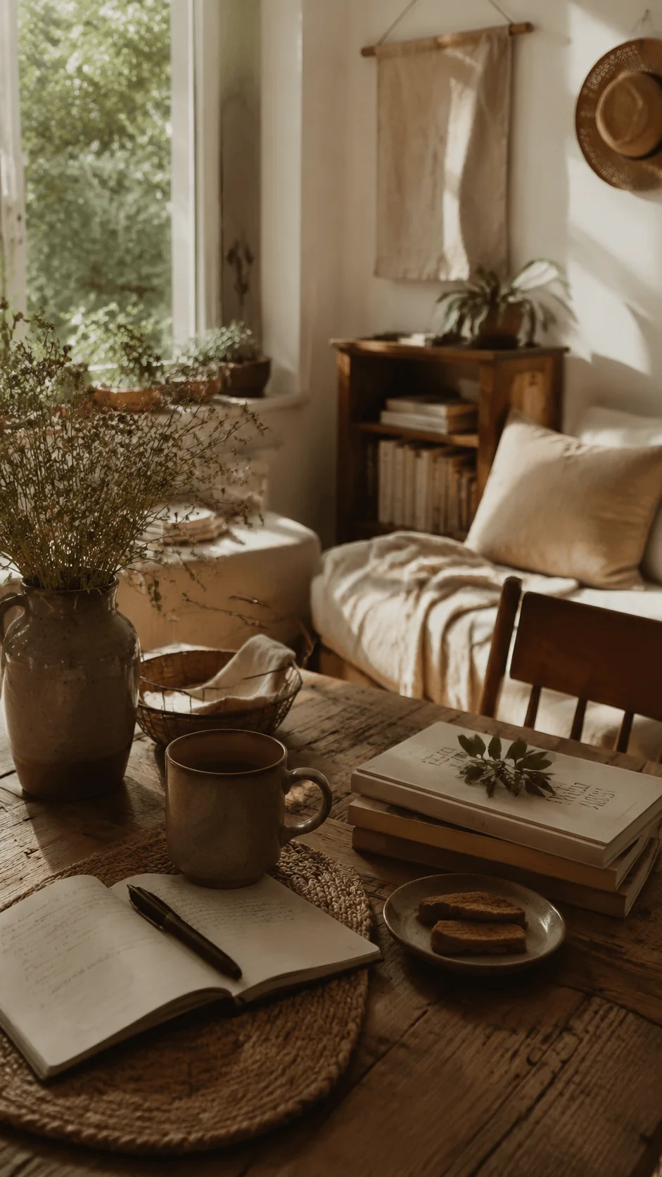 Slow living sustainability aesthetic featuring a cozy natural home interior with warm sunlight wooden furniture plants a journal coffee cup and simple mindful living elements creating a peaceful eco friendly atmosphere