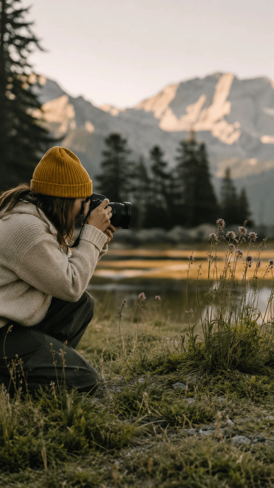 Slow photography movement with a photographer capturing nature in a peaceful mountain landscape
