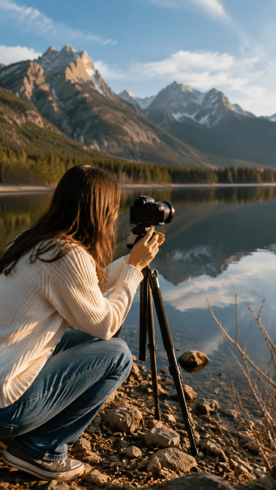 Photographer capturing a peaceful mountain lake landscape with a camera on tripod surrounded by nature during golden hour