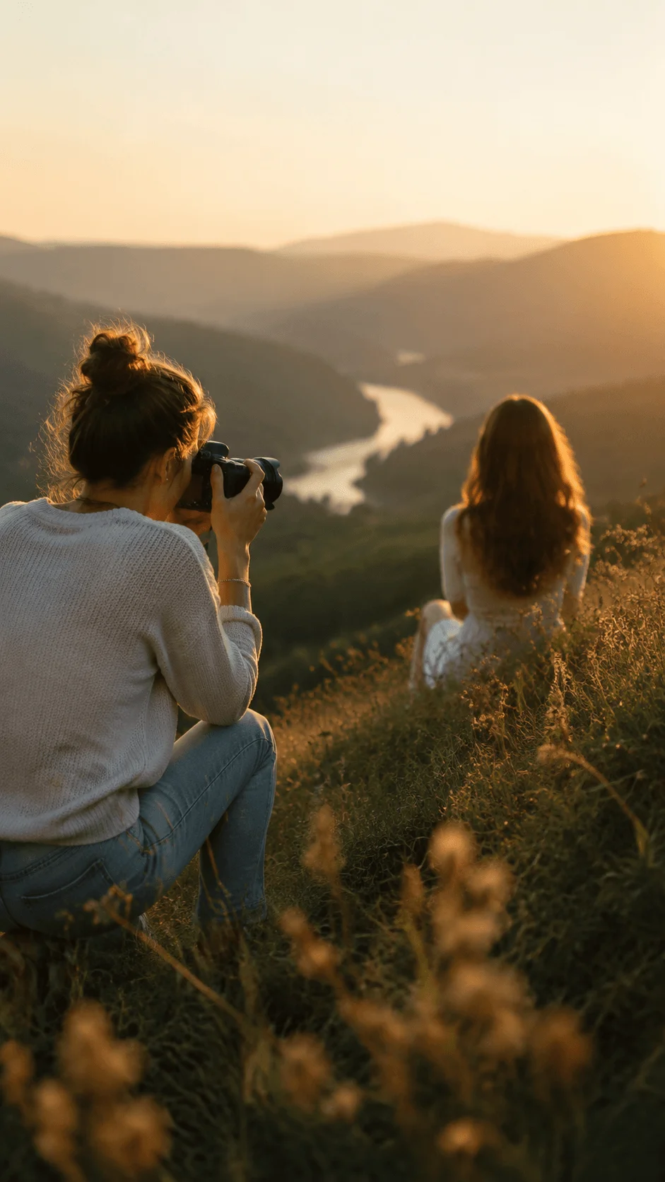 Slow photography showing a photographer capturing a natural outdoor portrait during golden hour with a peaceful mountain landscape, valley, and warm sunset light creating an authentic sustainable photography atmosphere