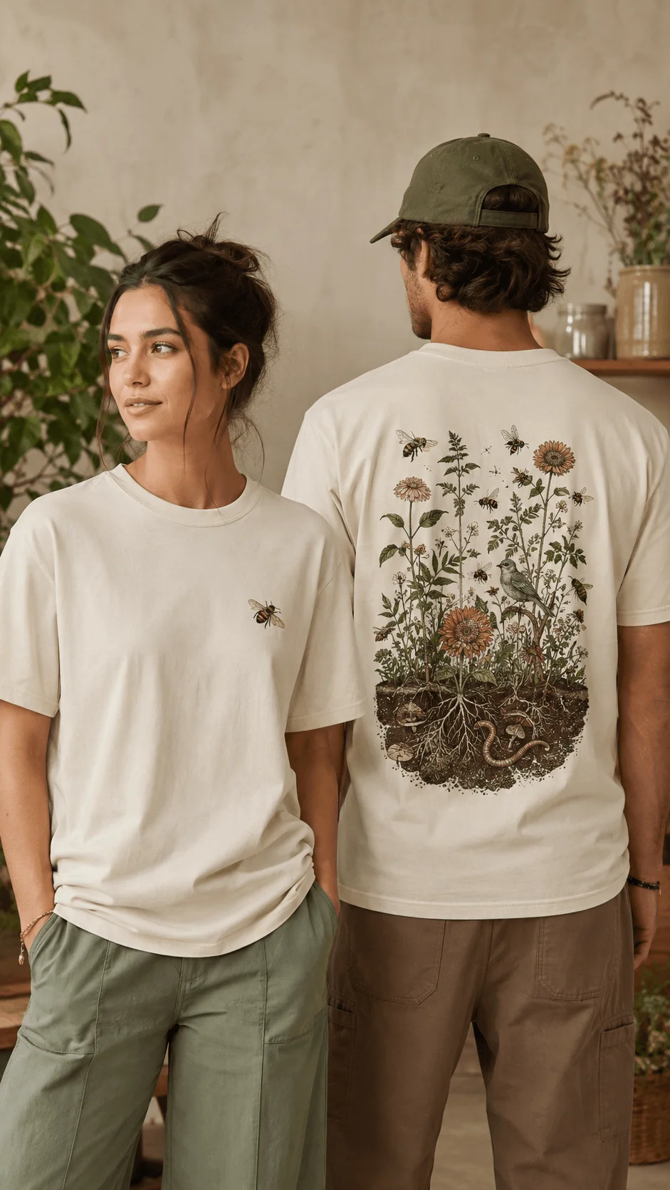Small front and large back sustainable T shirt design featuring a minimalist bee logo on the front and a detailed nature ecosystem illustration on the back