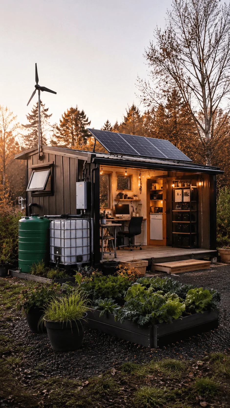 Small modular off grid utility hub with solar panels wind turbine rainwater storage and sustainable garden designed for independent eco friendly living