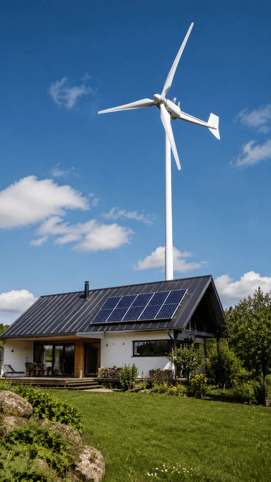 Small scale wind energy system with residential wind turbine solar panels and eco friendly home generating renewable electricity