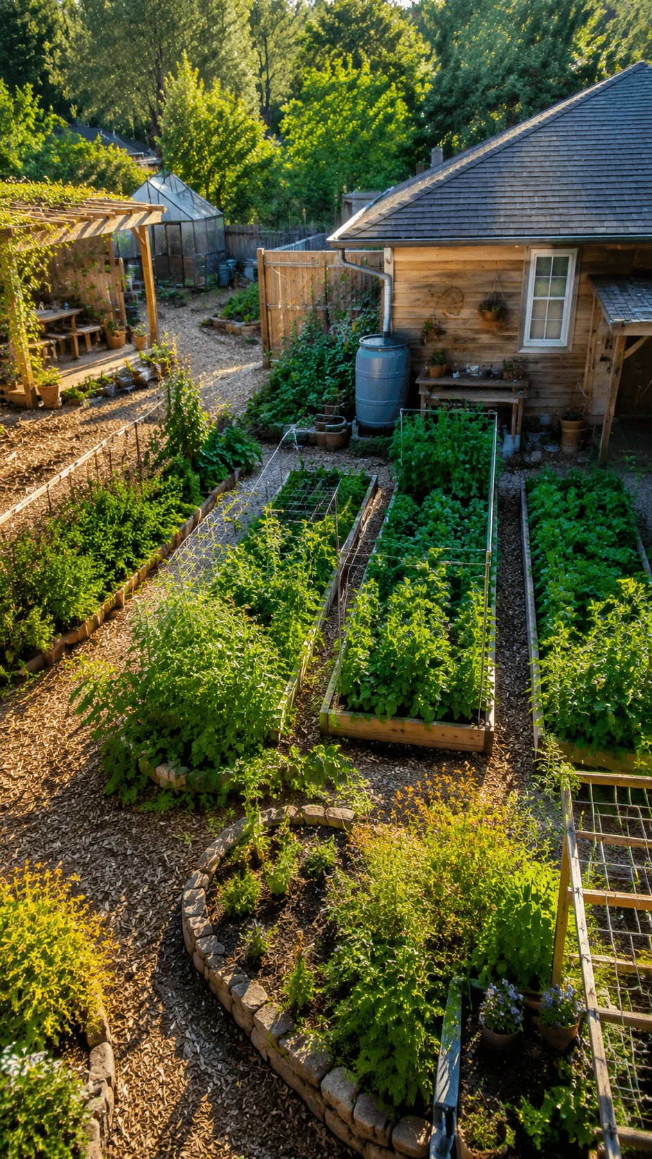Small sustainable homestead layout with raised vegetable garden beds greenhouse rainwater harvesting system wooden home and organized backyard farming space