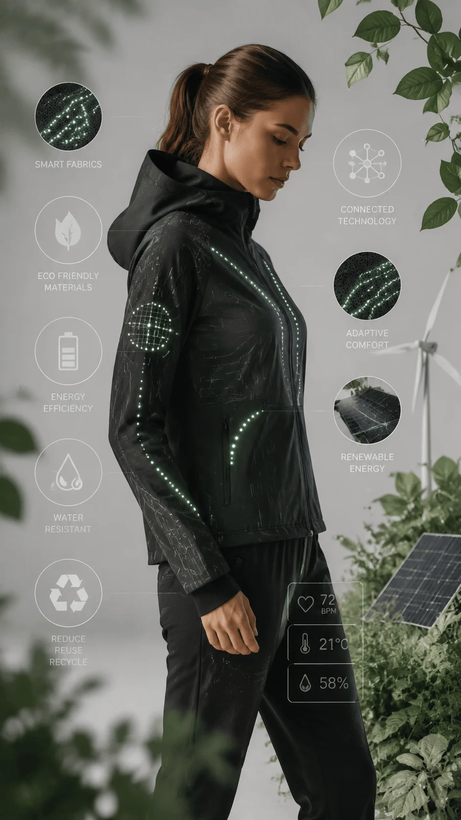 Smart clothing fashion poster showing a person wearing futuristic wearable technology with smart fabrics, connected sensors, eco friendly materials, renewable energy elements, and digital interface features representing the future of sustainable intelligent fashion design