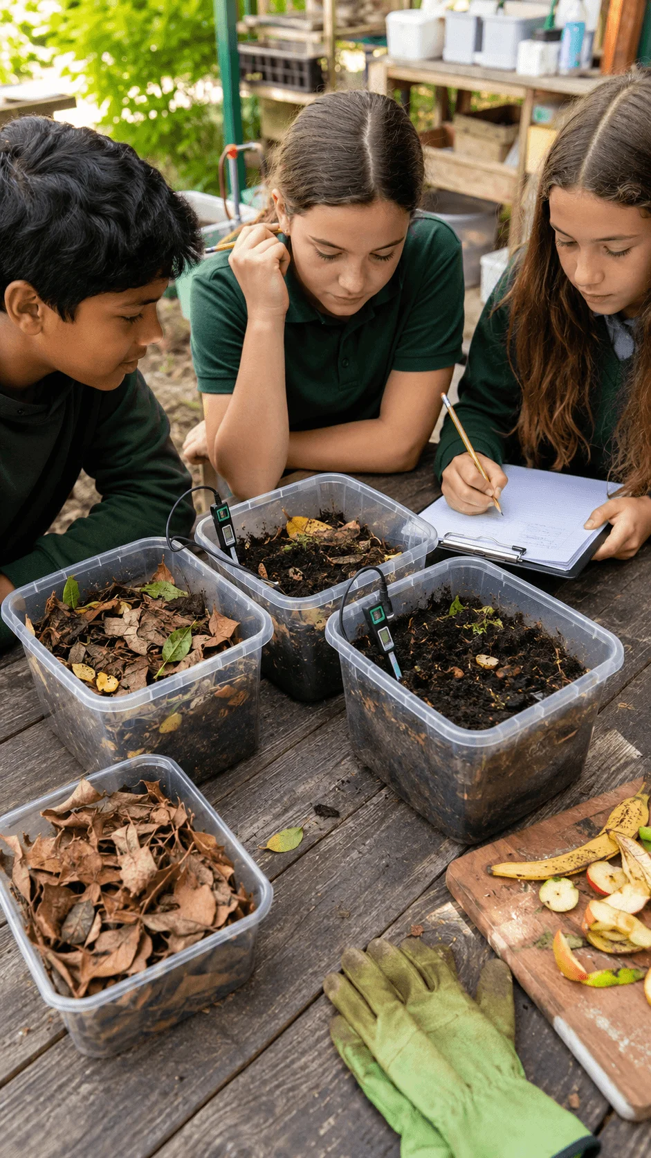 Students conducting a smart compost bin experiment by measuring organic waste decomposition with sensors and recording environmental science observations outdoors