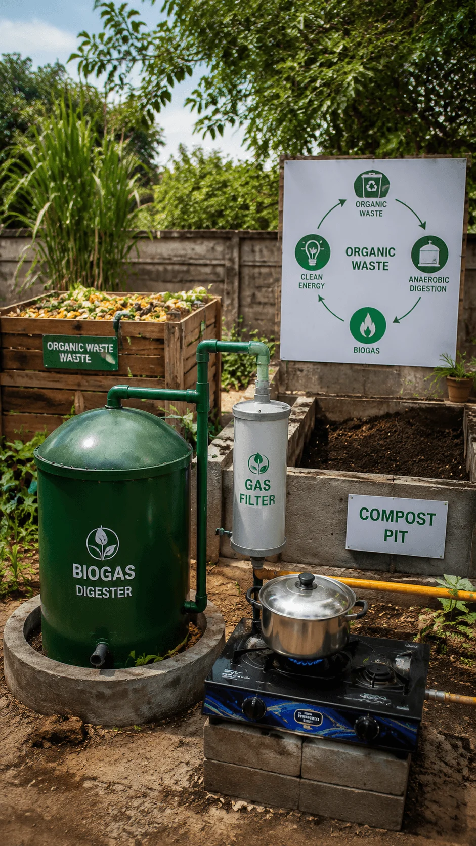 Smart compost energy generation system with biogas digester organic waste recycling compost pit and renewable clean energy production setup