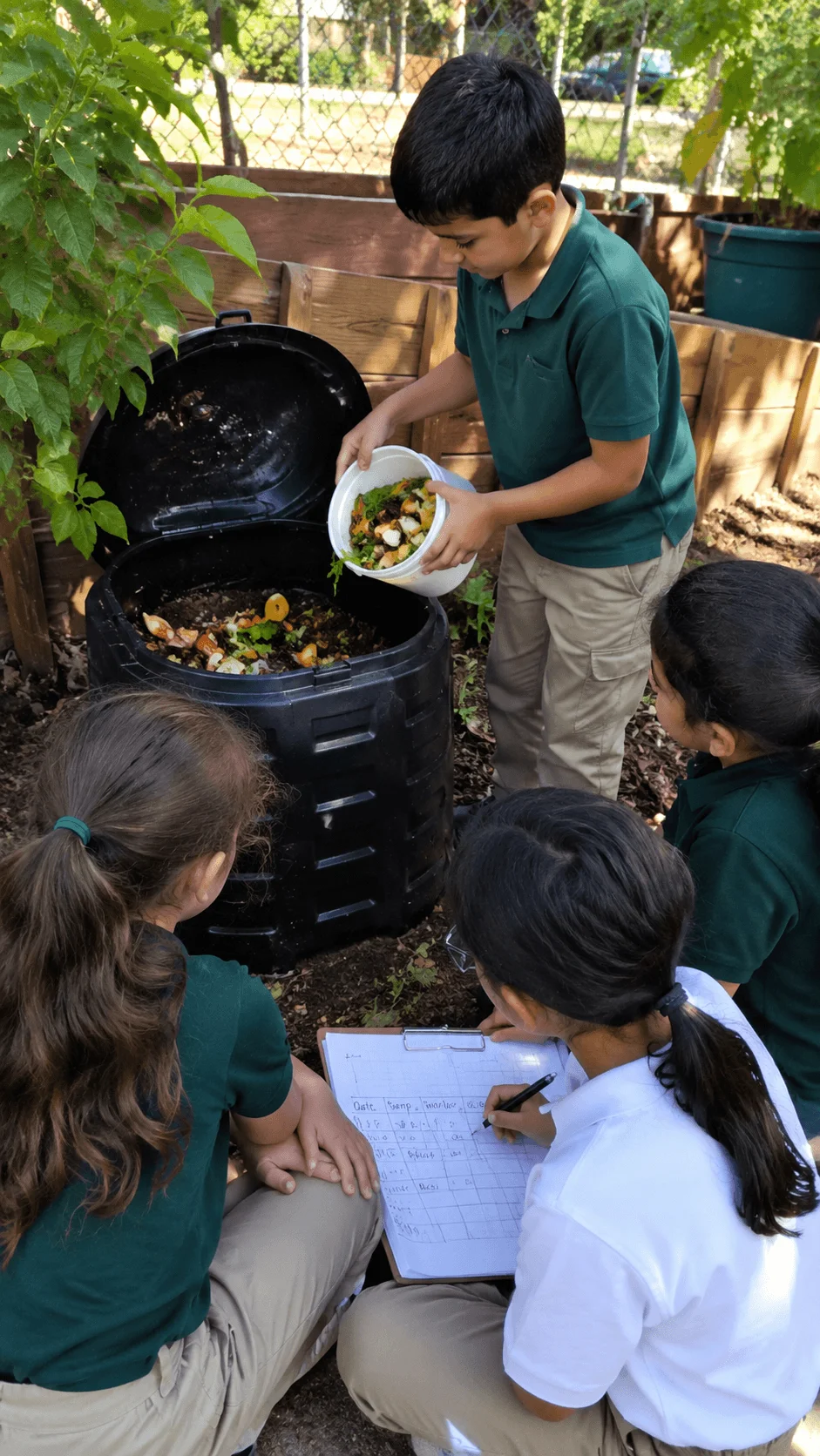 Children learning composting by adding food scraps to a compost bin during a smart sustainable gardening activity