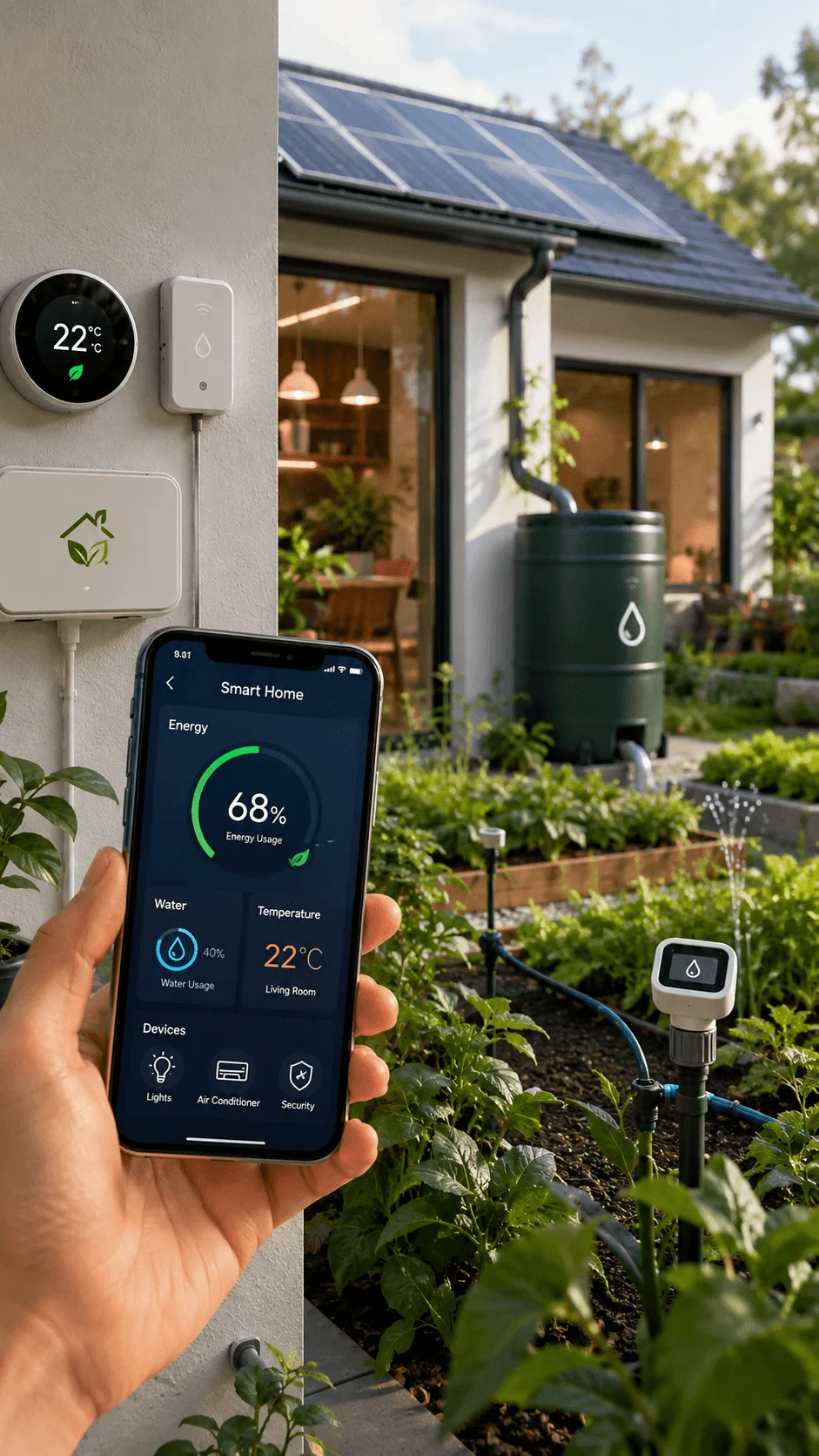 Smart eco friendly product design ideas featuring smart home technology solar energy systems water management sensors and sustainable living solutions for modern homes
