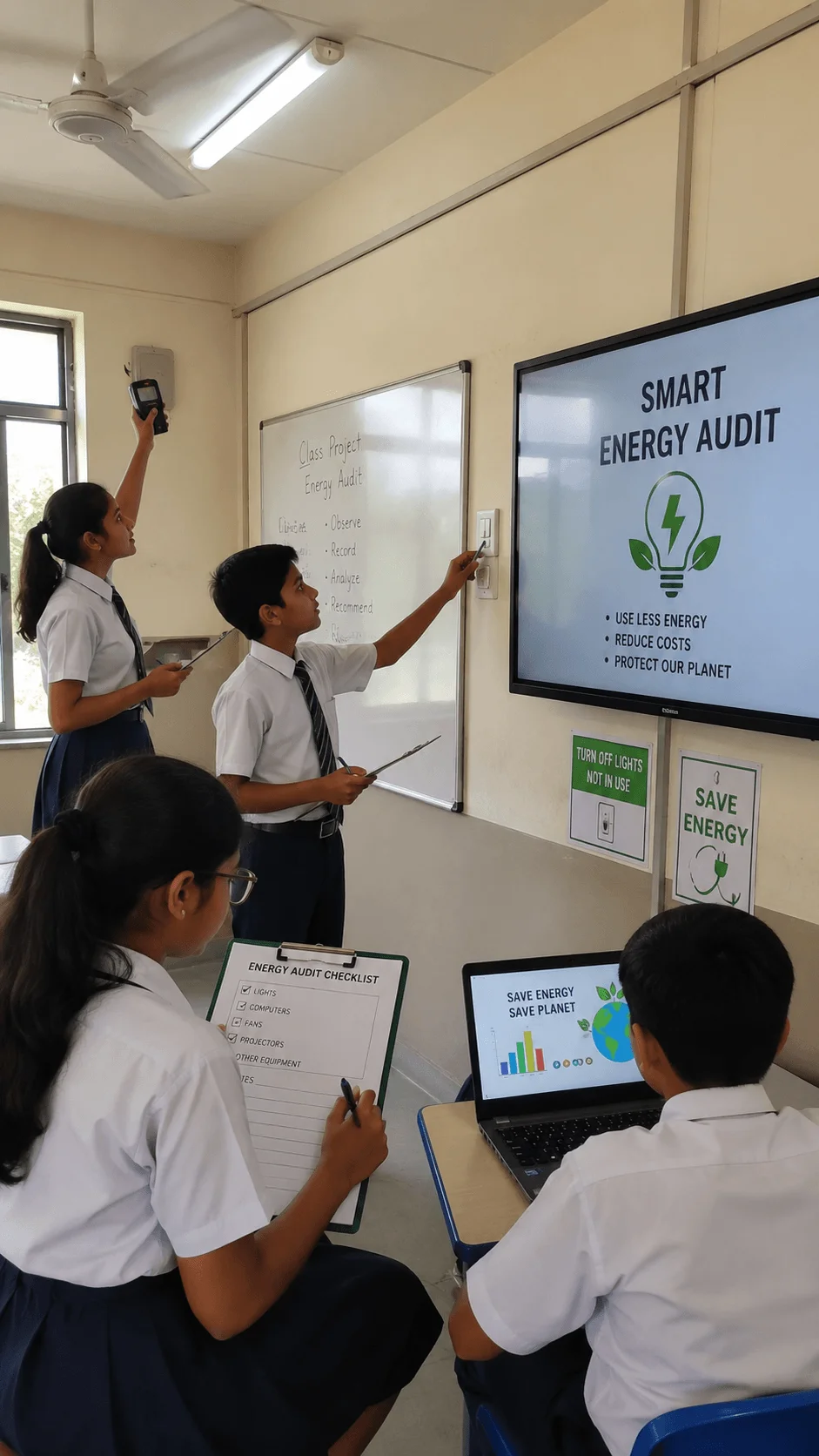 Students conducting a smart energy audit in a classroom by measuring energy usage checking lights and electrical equipment recording observations on audit checklists and analyzing data to identify opportunities for energy conservation and efficiency.