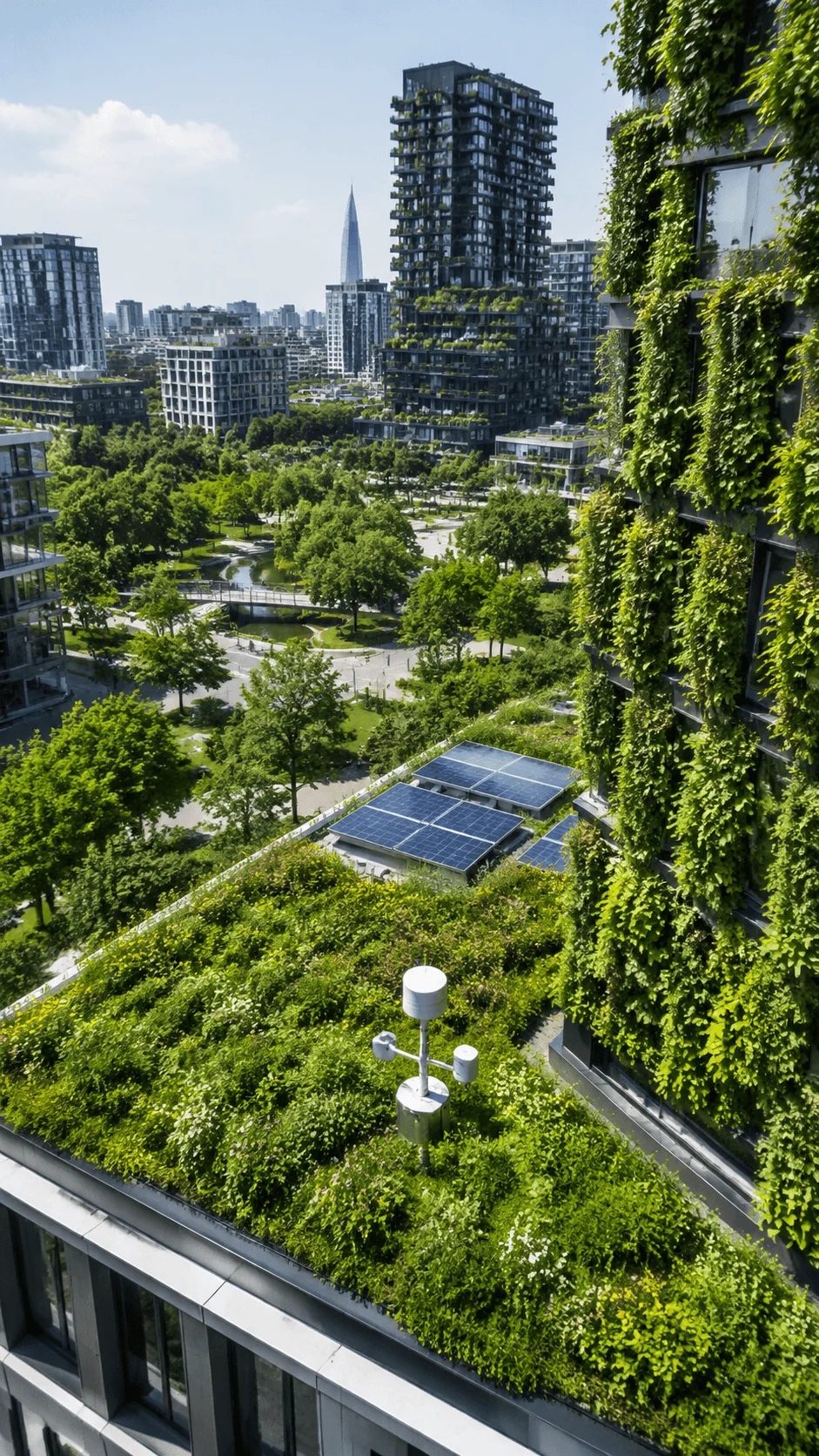 Smart green infrastructure with living walls green roofs solar panels environmental sensors urban parks and eco friendly buildings creating a sustainable future city landscape