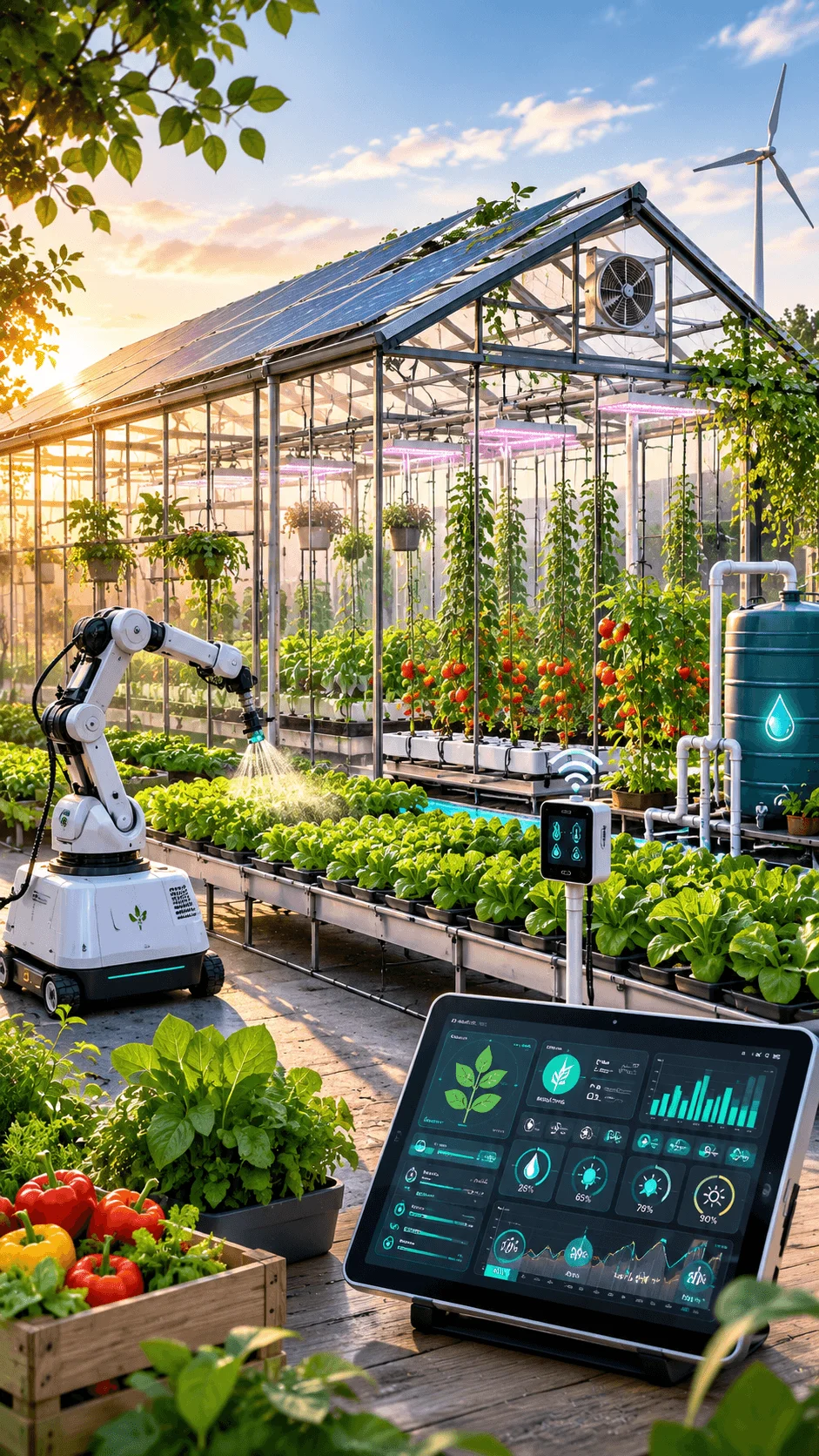 Smart greenhouse farming system with robotic automation digital monitoring dashboard solar energy hydroponic crops and sustainable agriculture technology