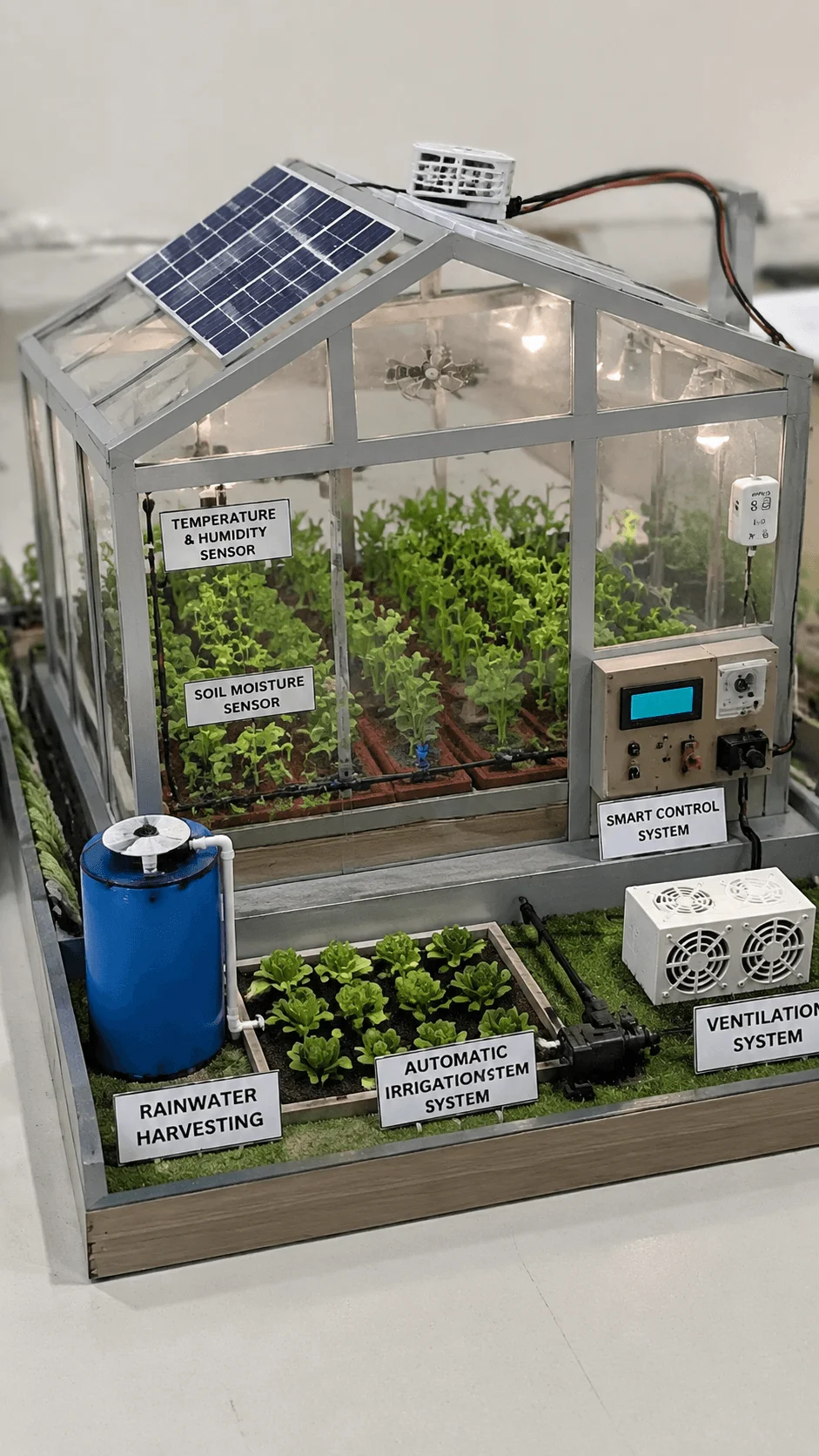 Smart greenhouse model showing a modern automated greenhouse with solar panel, temperature and humidity sensors, soil moisture sensor, smart control system, automatic irrigation, ventilation system, and sustainable crop production technology