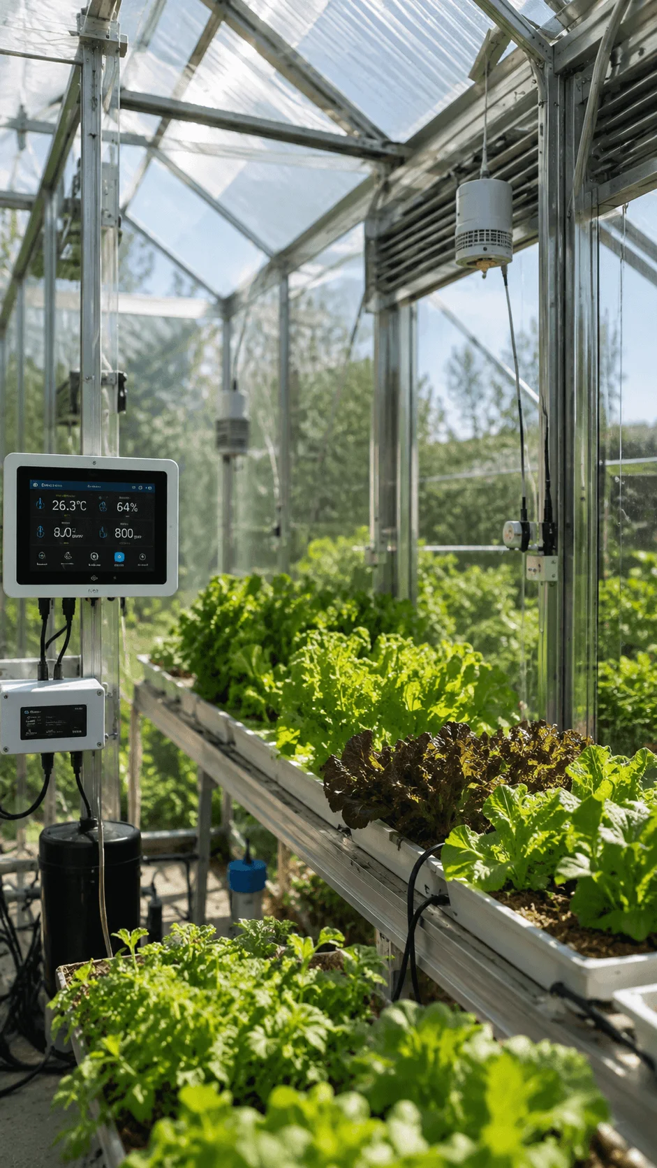 Smart greenhouse for automated sustainable food production with advanced sensors climate monitoring systems and healthy plants growing in a modern controlled environment
