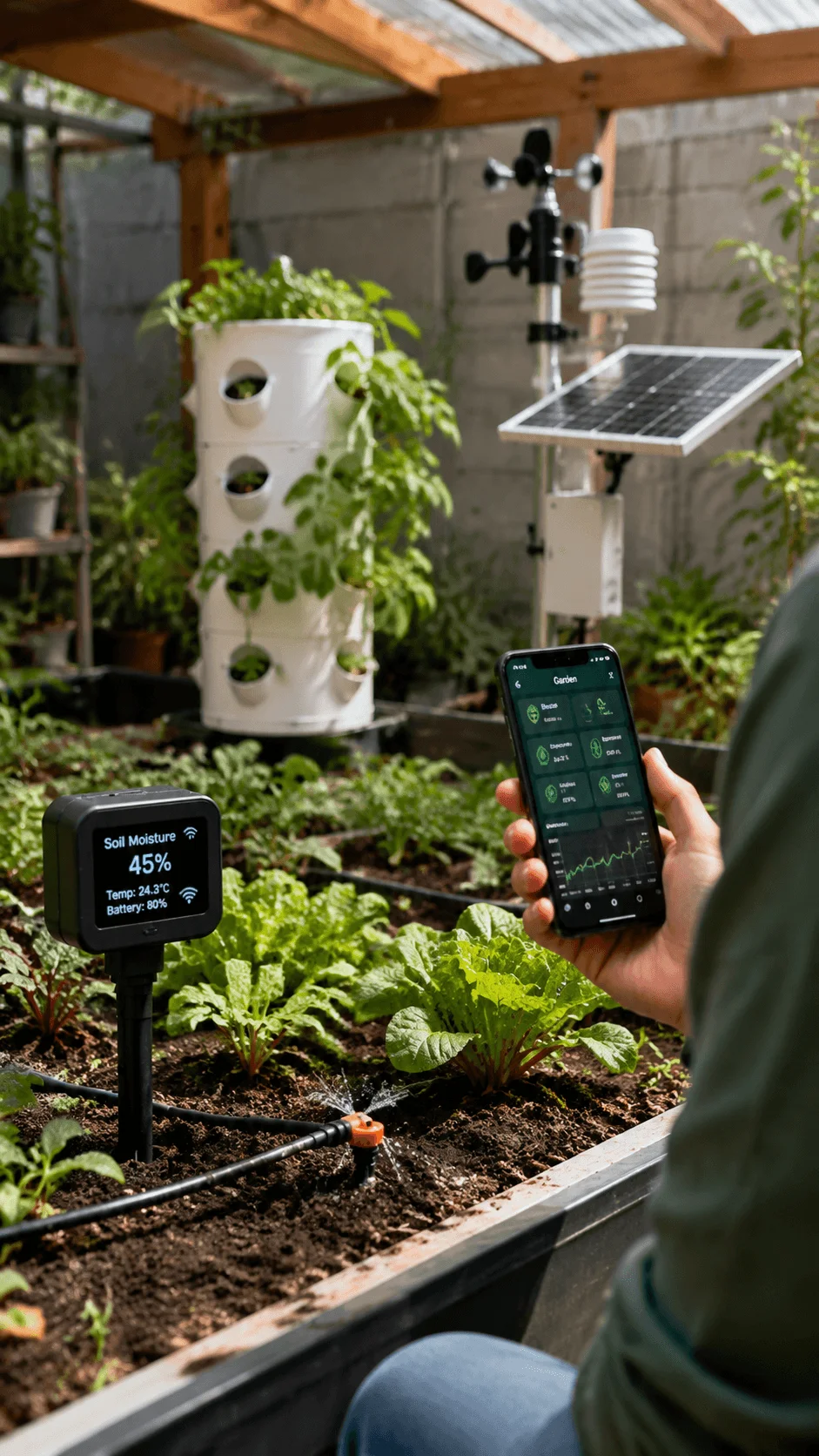Smart homestead garden using AI technology with smart soil moisture sensor automated irrigation solar panel vertical garden and mobile plant monitoring system