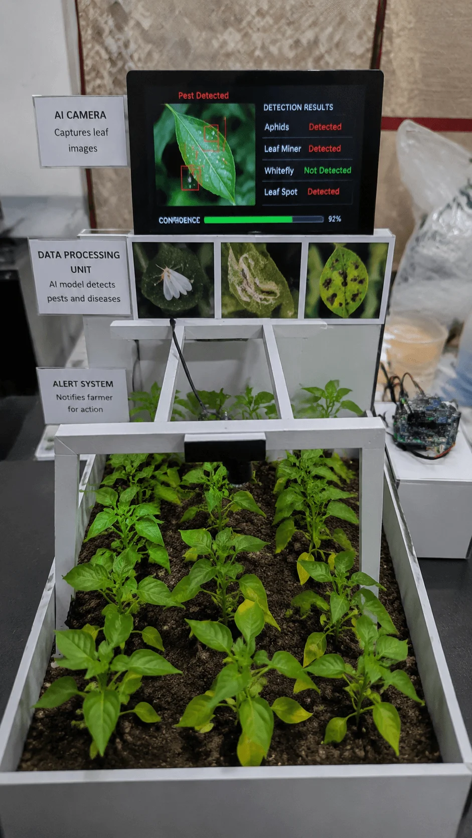 AI pest detection system model with camera monitoring crop leaves artificial intelligence analysis screen and smart farming technology for early pest identification in agriculture