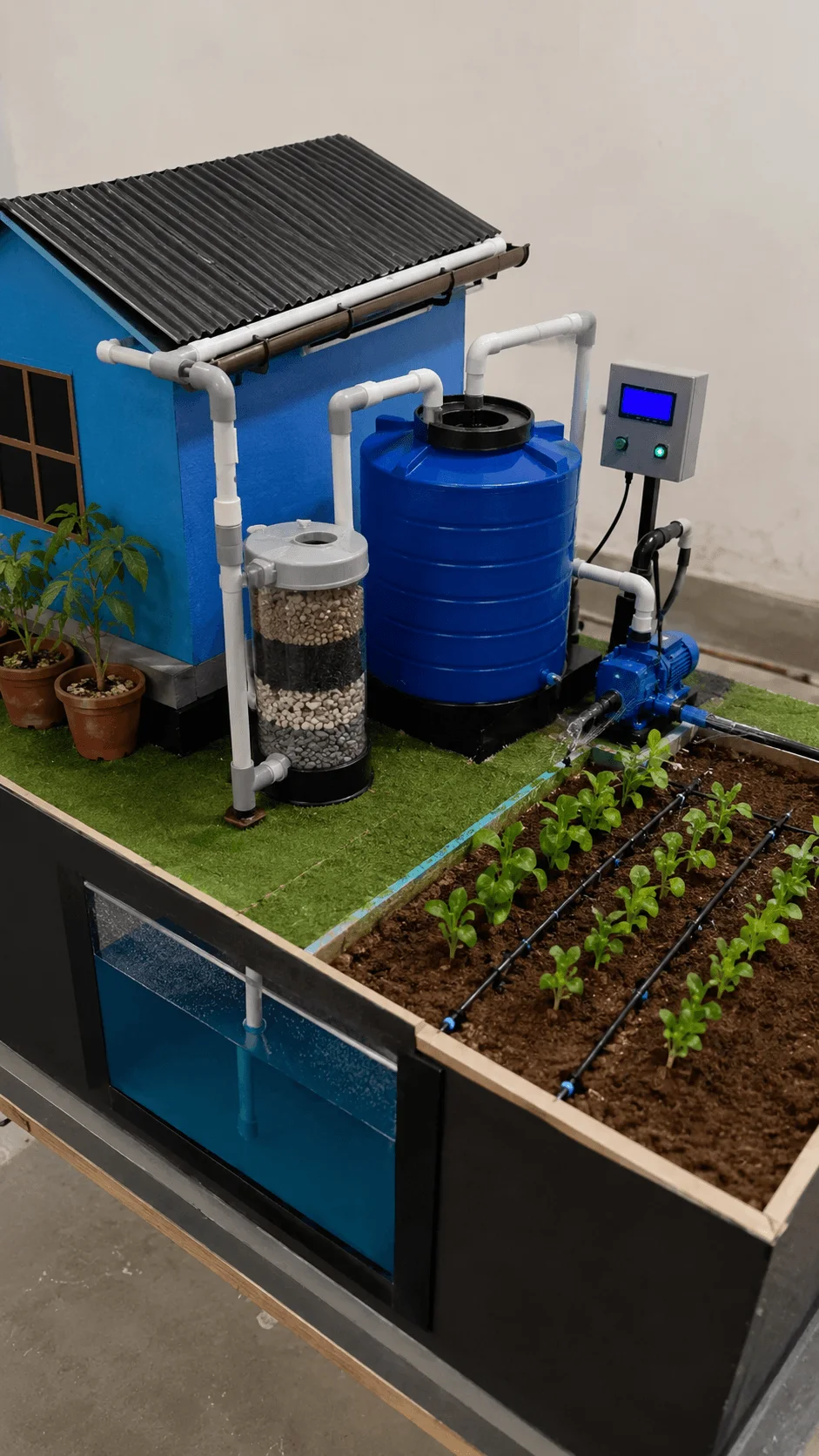 Smart rainwater harvesting farm working model showing a sustainable irrigation system with rooftop water collection storage tank filtration unit water pump and drip irrigation for efficient agricultural water management