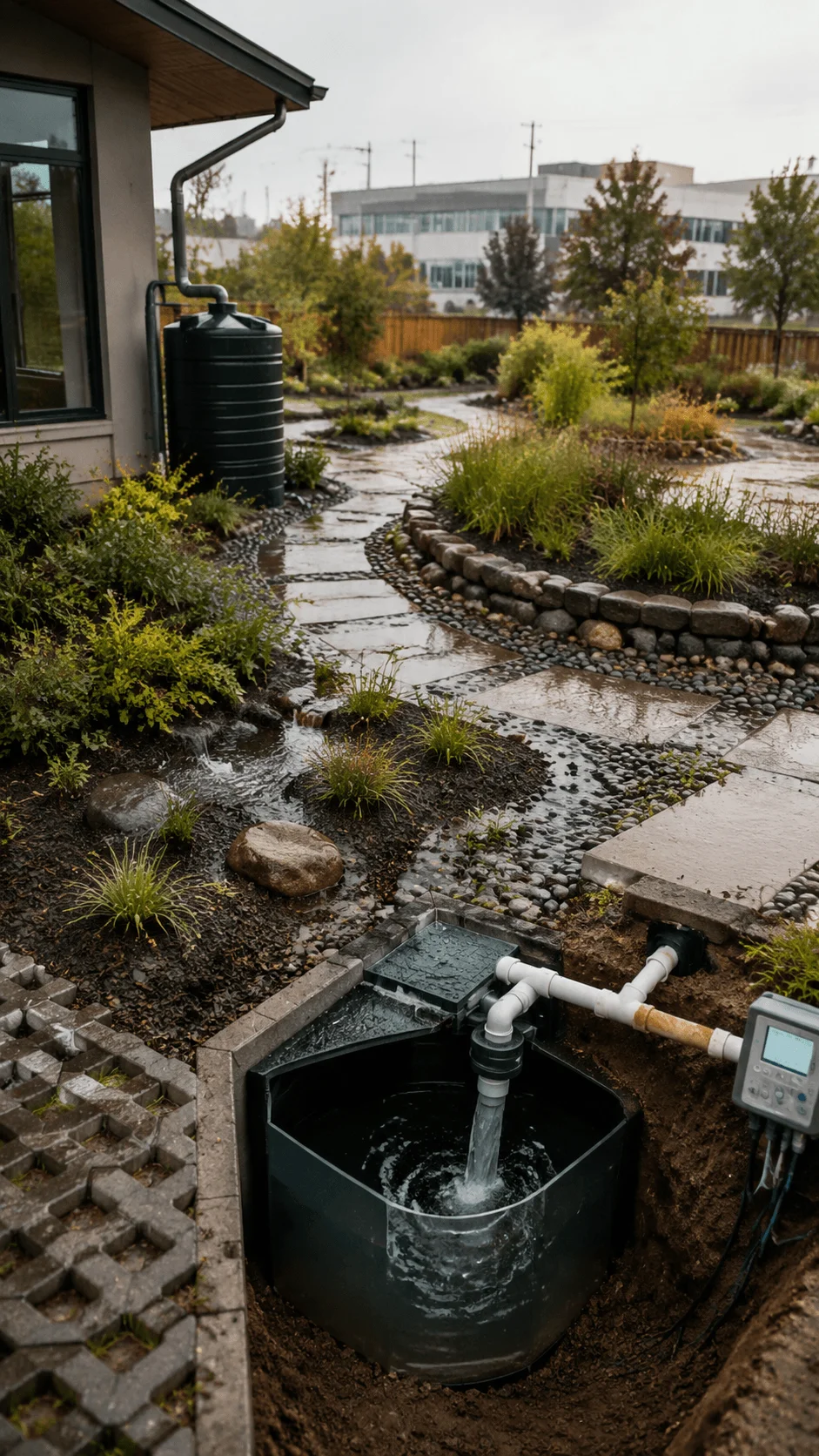 Smart rainwater harvesting landscape design showing water collection systems drainage channels storage tanks and sustainable garden solutions for water conservation