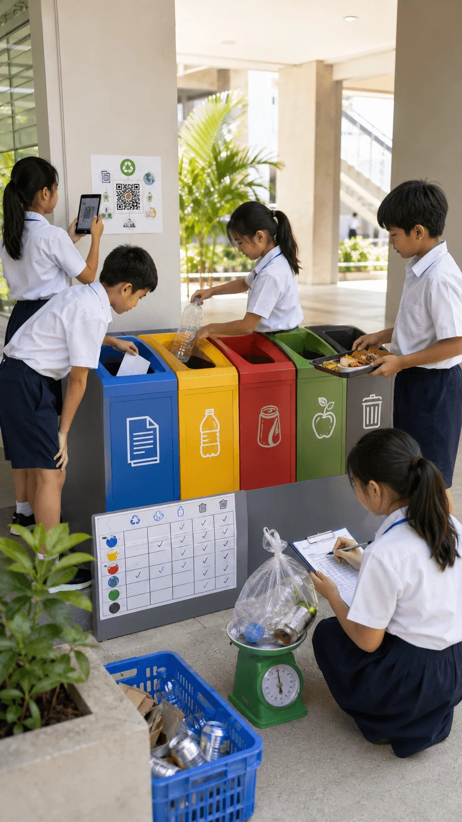 Students using a smart recycling station at school with color coded waste bins QR code technology and recycling data tracking activity