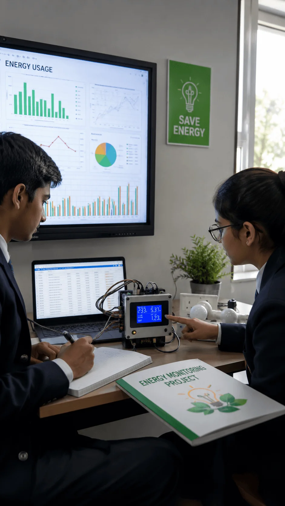 High school students analyzing energy usage data with a smart IoT monitoring device, laptop, digital charts, and energy saving resources in a modern classroom