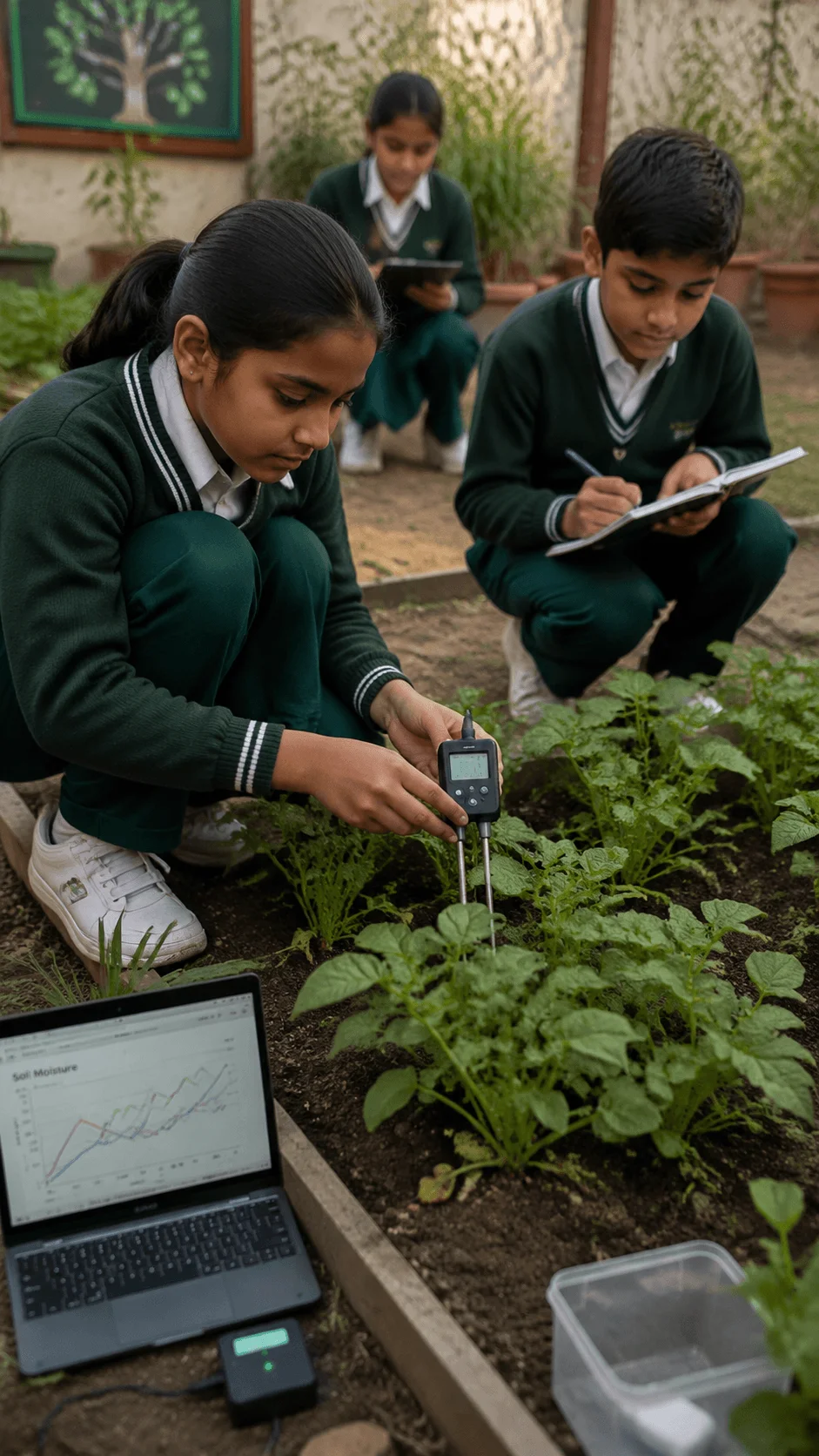 Students using soil moisture sensors to study a smart school garden project by measuring plant conditions collecting data and analyzing sustainable gardening practices