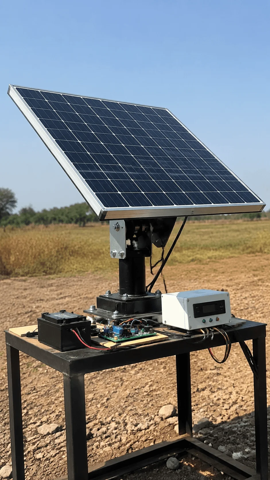 Smart solar panel tracking system with automated rotating solar panel technology and renewable energy equipment in an outdoor field setting