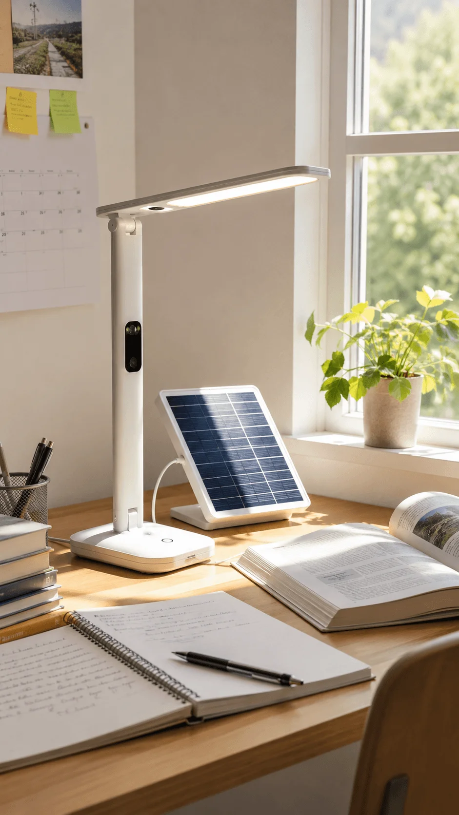 Smart solar powered study lamp on a student desk with a solar panel books notebook and indoor plant creating an eco friendly study space with natural sunlight