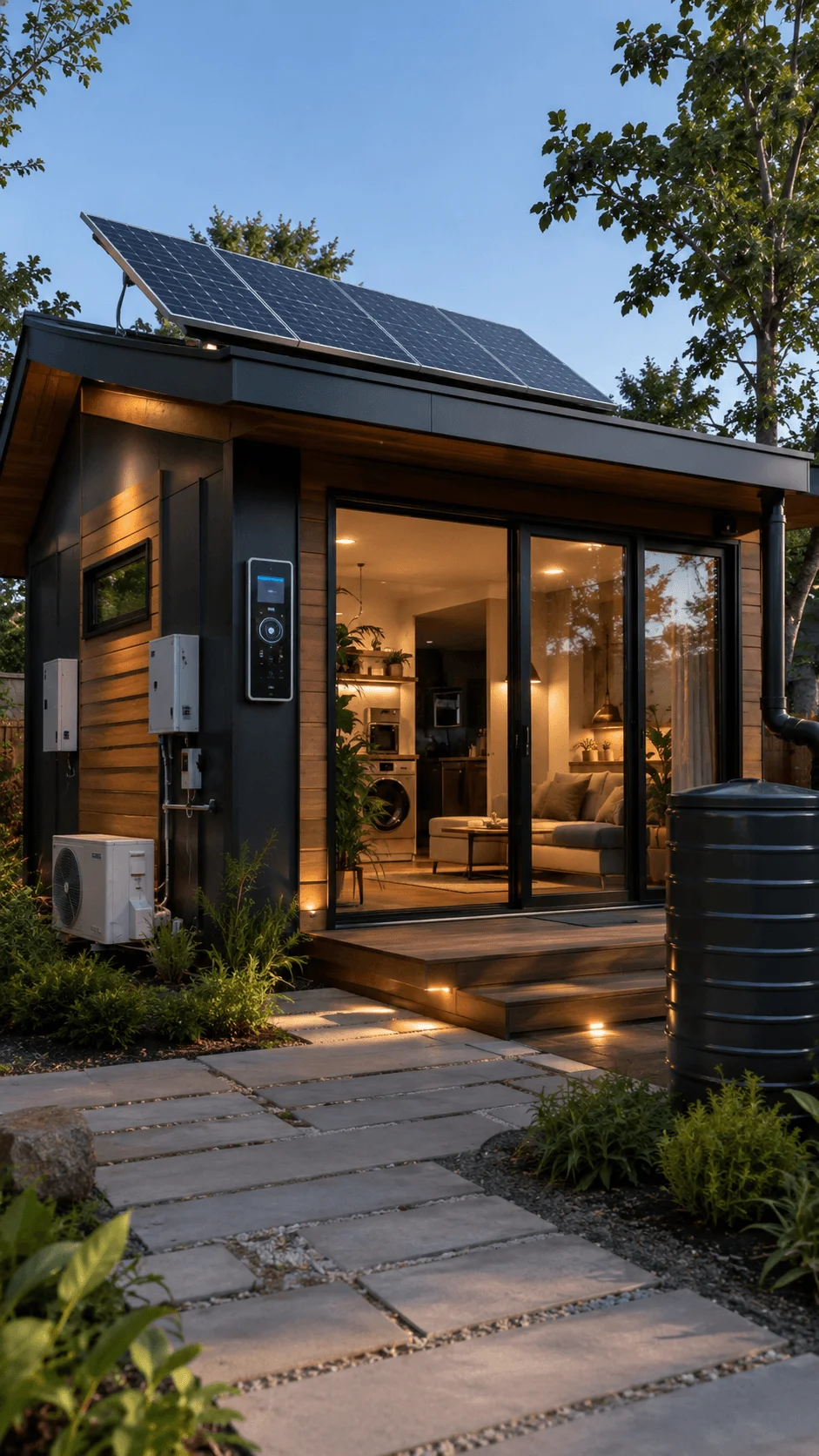 Smart sustainable ADU with rooftop solar panels AI powered home automation smart energy management rainwater collection modern wood exterior energy efficient systems and intelligent eco friendly living design