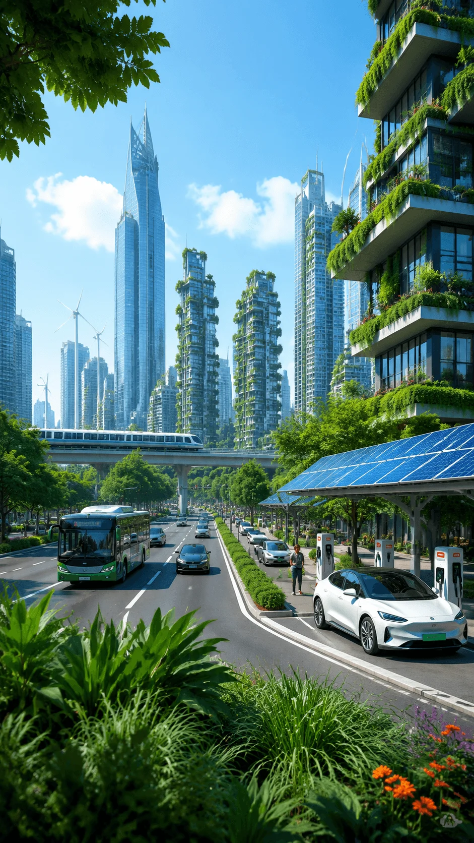 Smart sustainable city poster showing a futuristic green urban landscape with eco friendly skyscrapers, vertical gardens, electric vehicles, solar panels, clean transportation, renewable energy systems, and nature integrated city design