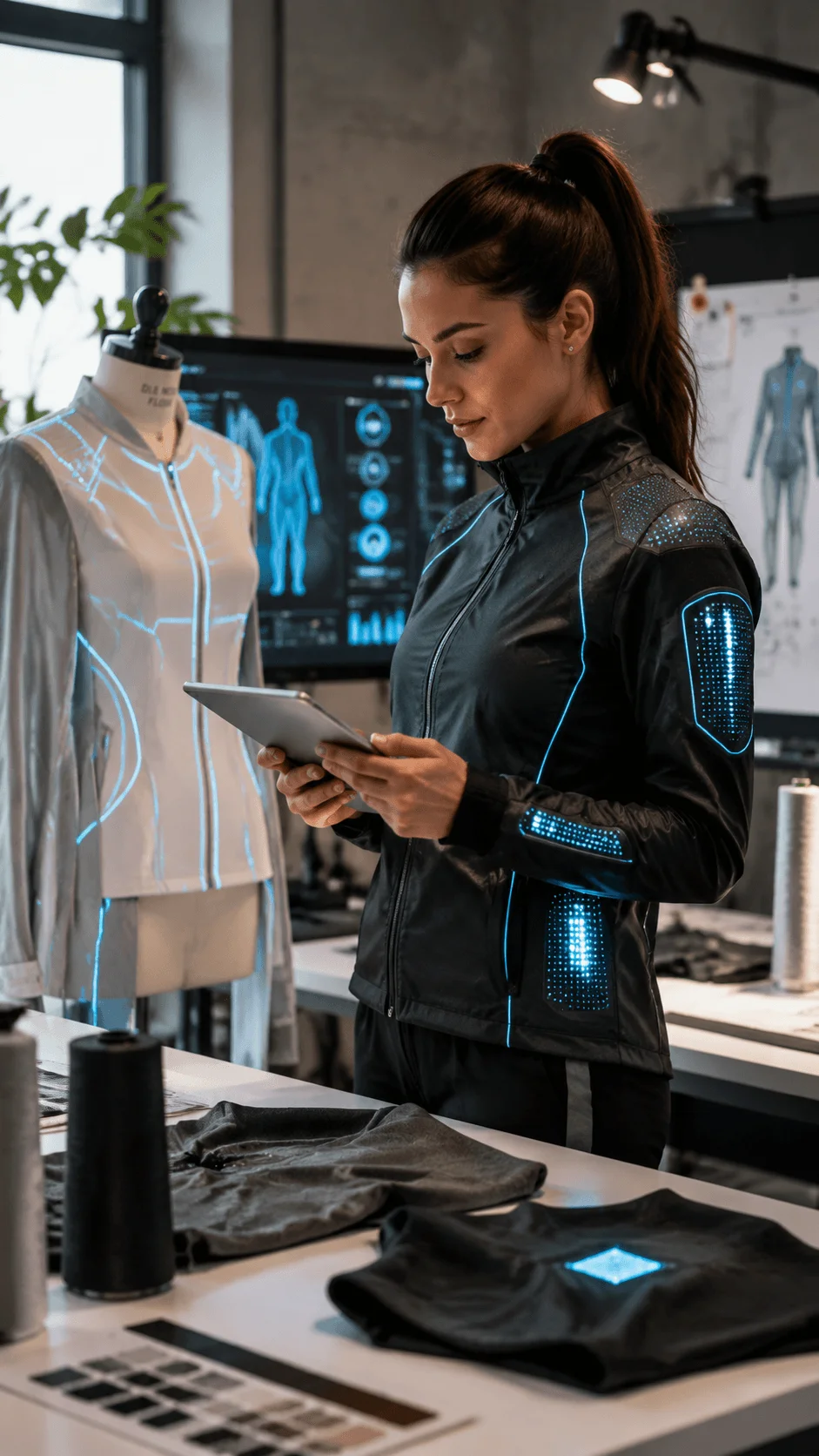 Smart sustainable clothing design showing advanced wearable technology with smart textiles, digital interfaces, illuminated fabric features, and a designer creating innovative eco friendly garments in a modern studio