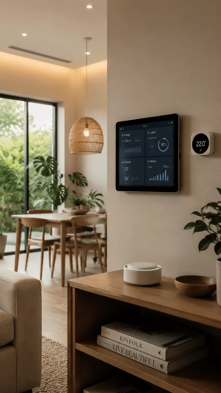 Smart sustainable home interior with smart technology systems, energy monitoring display, automated climate control, natural materials, indoor plants, and a modern eco friendly living space with efficient design