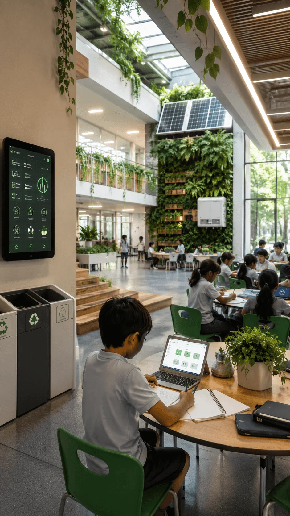 Smart sustainable school featuring artificial intelligence technology with smart systems digital displays solar panels green walls and students learning in an eco friendly modern classroom