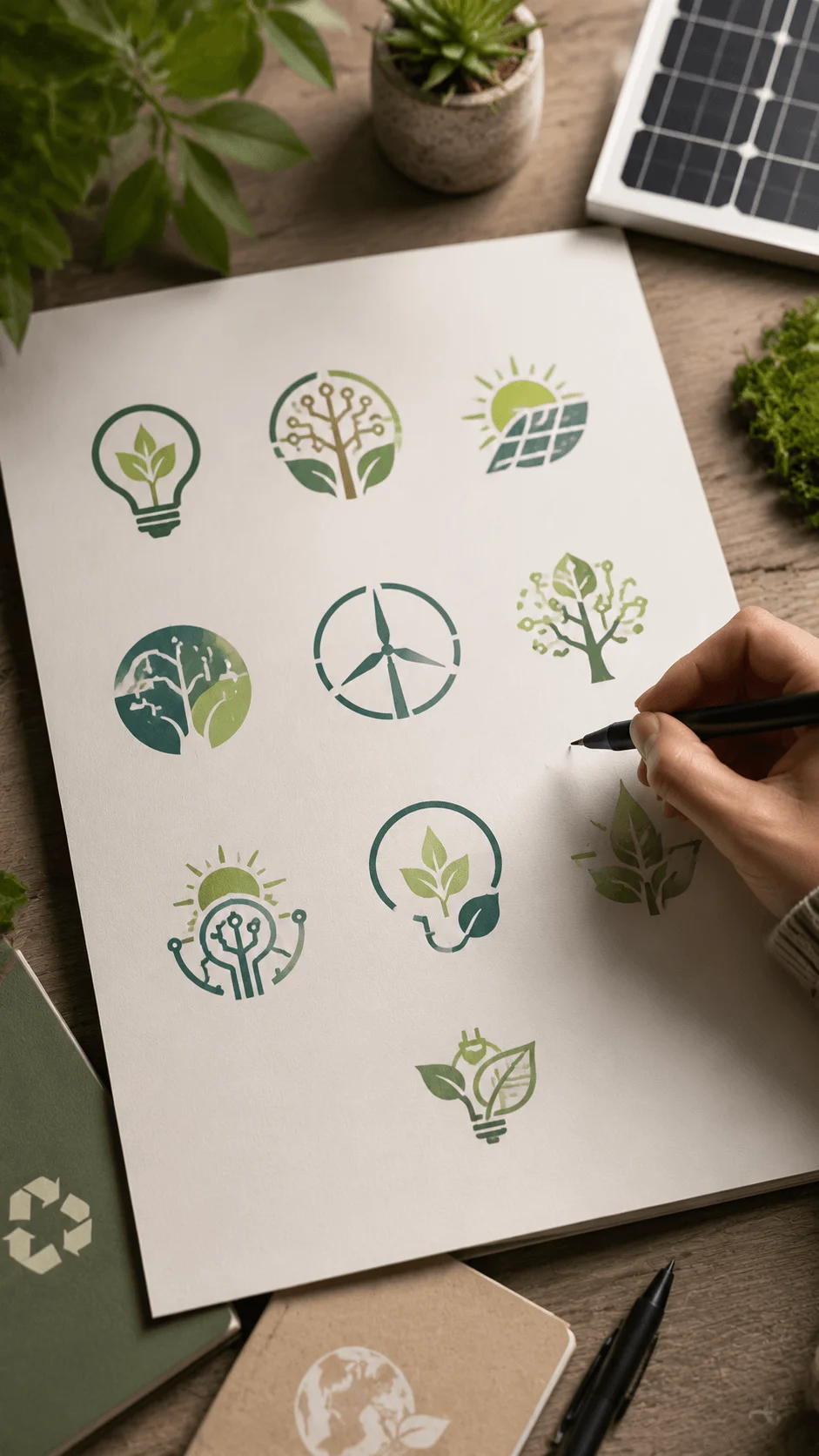 Smart technology eco logo concepts featuring renewable energy symbols, solar panels, wind power icons, digital innovation elements and sustainable branding sketches on paper with a modern green design theme
