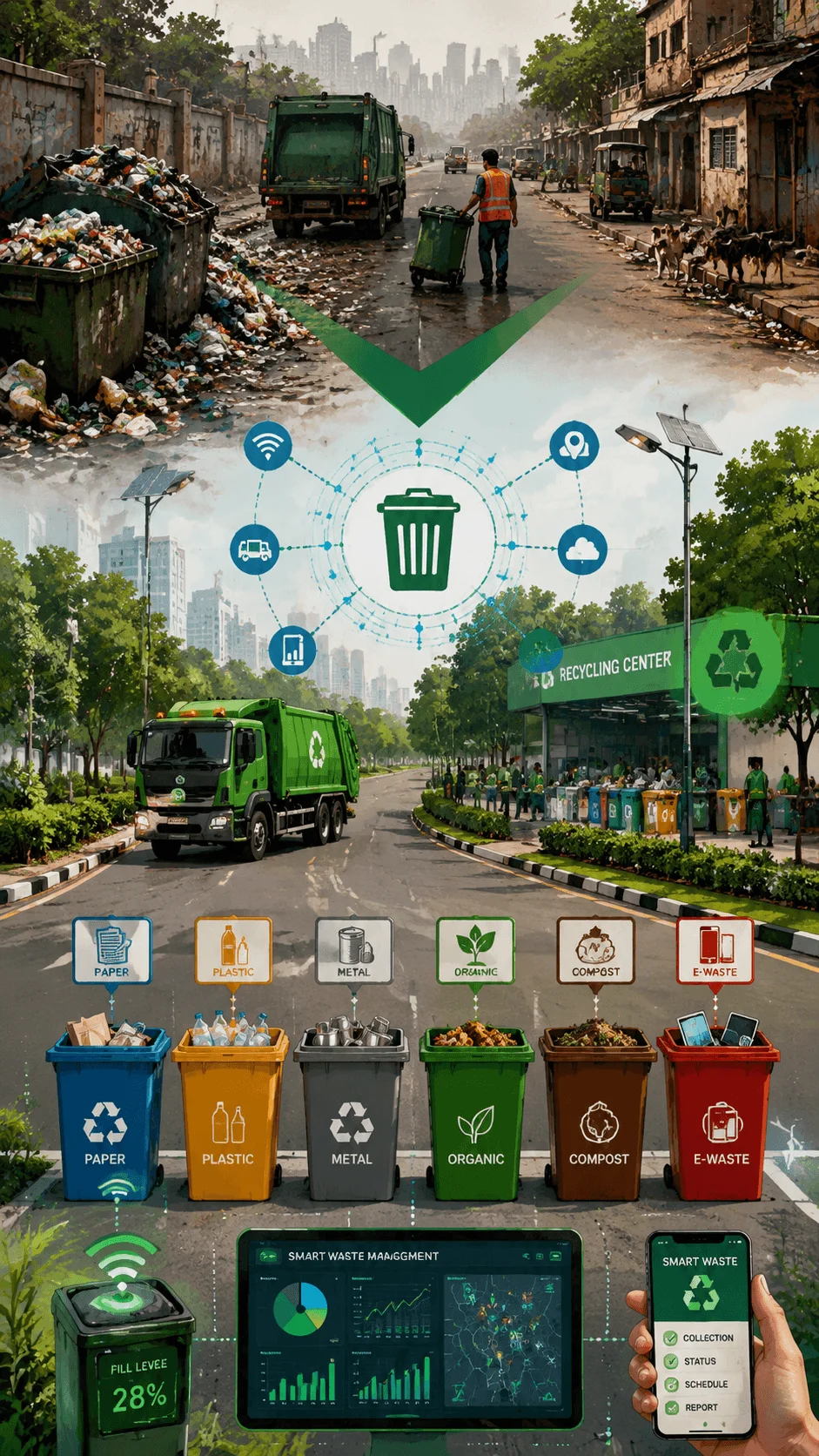 Smart waste management sustainability cover showing a transformation from polluted streets to a clean recycling system with smart bins, waste collection trucks, recycling centers, sorting categories, digital monitoring, and technology based waste management solutions
