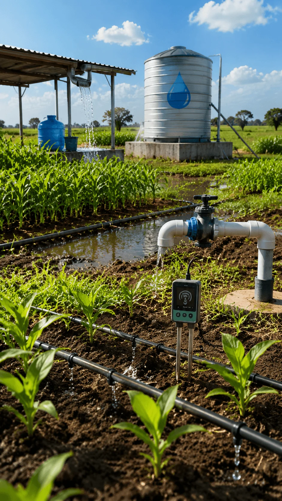 Smart water conservation farming image showing efficient irrigation systems with drip pipes, soil moisture sensors, water storage tanks, and healthy crops using modern sustainable agriculture technology
