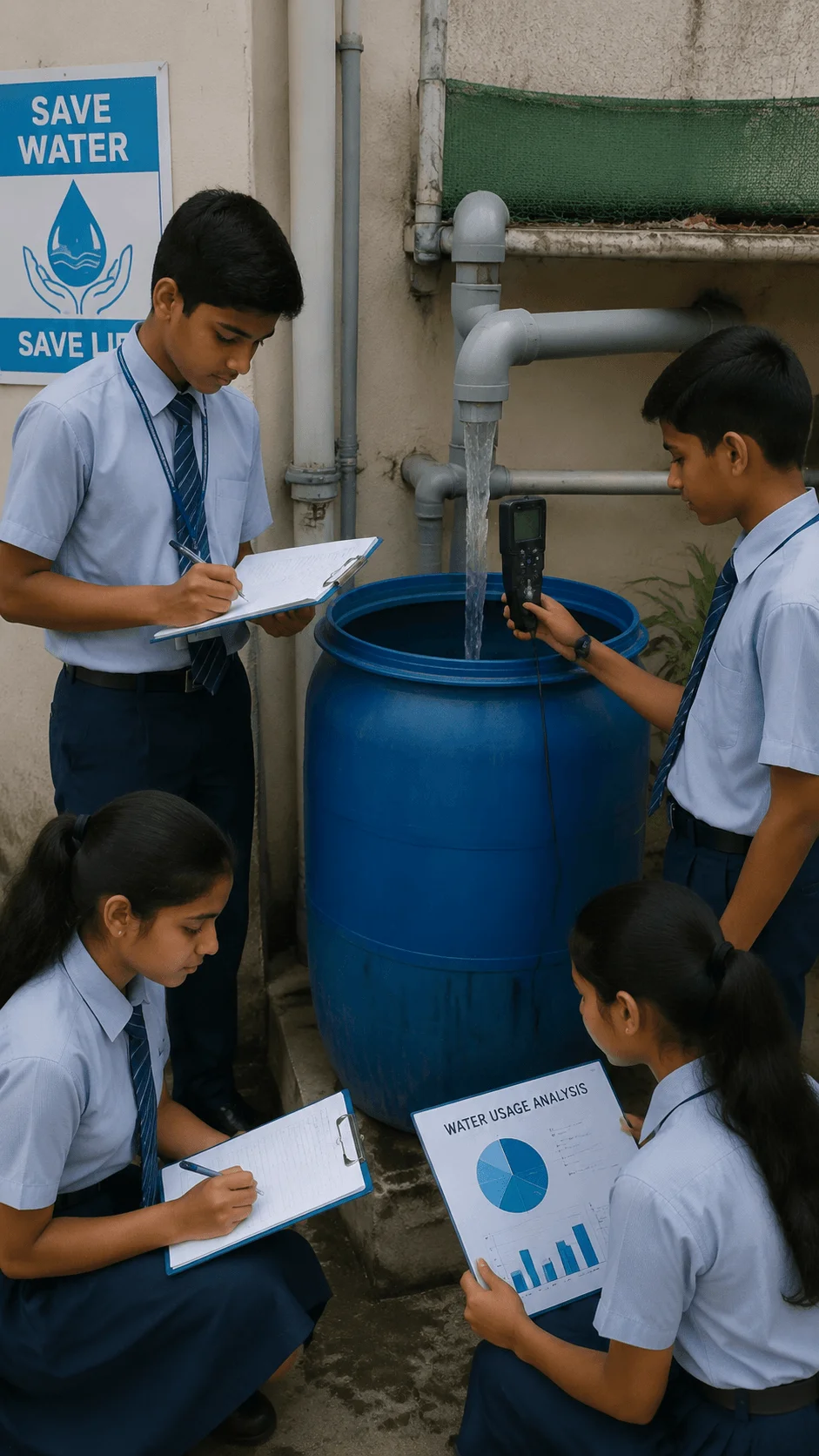 Students conducting a smart water conservation project with rainwater harvesting system, water usage analysis, and sustainability research at a school facility
