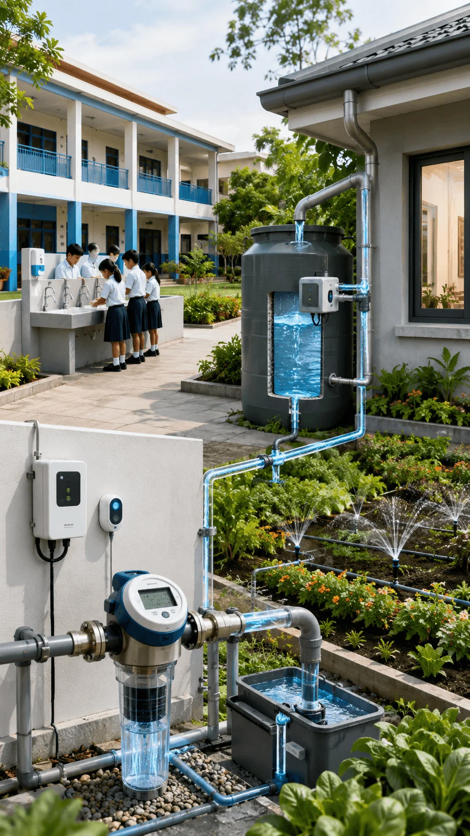 Smart water saving system showing a school rainwater harvesting setup with smart water sensors, filtration equipment, irrigation pipes, storage tank, and students learning about water conservation technology