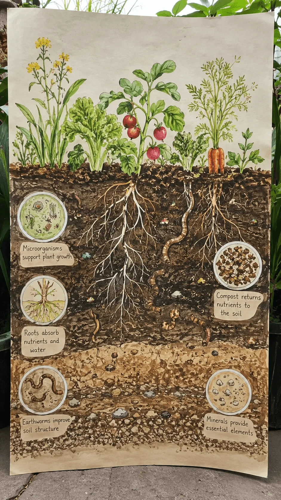 Soil health poster showing healthy plants growing above rich soil with roots microorganisms earthworms compost nutrients and sustainable farming ecosystem
