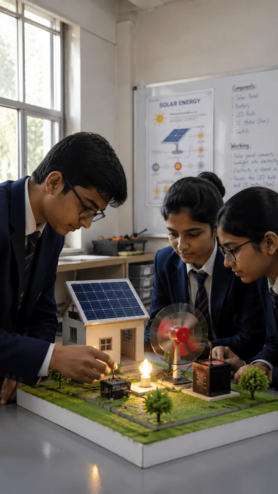 High school students testing a solar energy demonstration model with a solar panel, electric fan, light bulb, battery, and miniature house to learn about clean power
