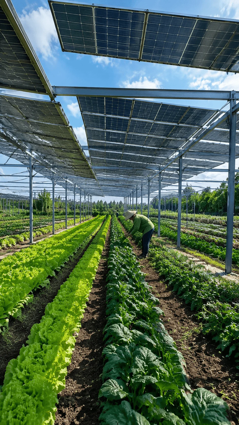 Solar farming and agrivoltaics image showing solar panels installed above green crop fields where renewable energy production and sustainable agriculture work together with farmers maintaining plants underneath