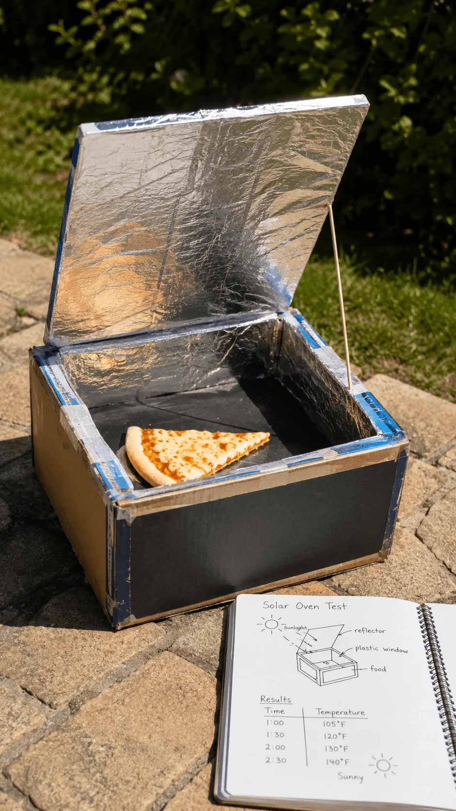 Homemade solar oven made from a cardboard box and reflective foil heating food outdoors during a STEM experiment