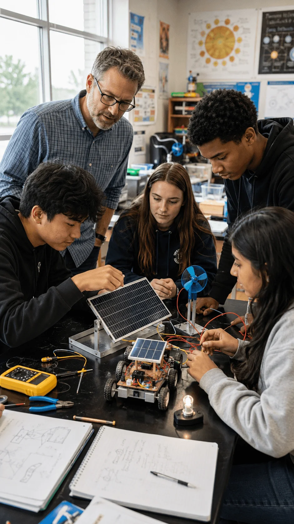 High school students designing and testing solar powered engineering projects with renewable energy models in a science classroom