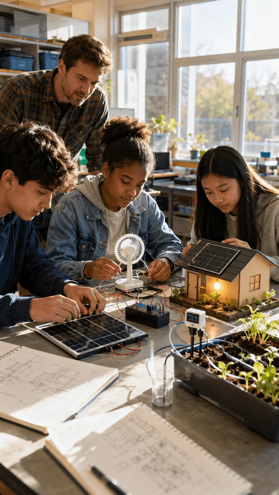 Students designing and testing solar powered devices including a model house fan and plant irrigation system
