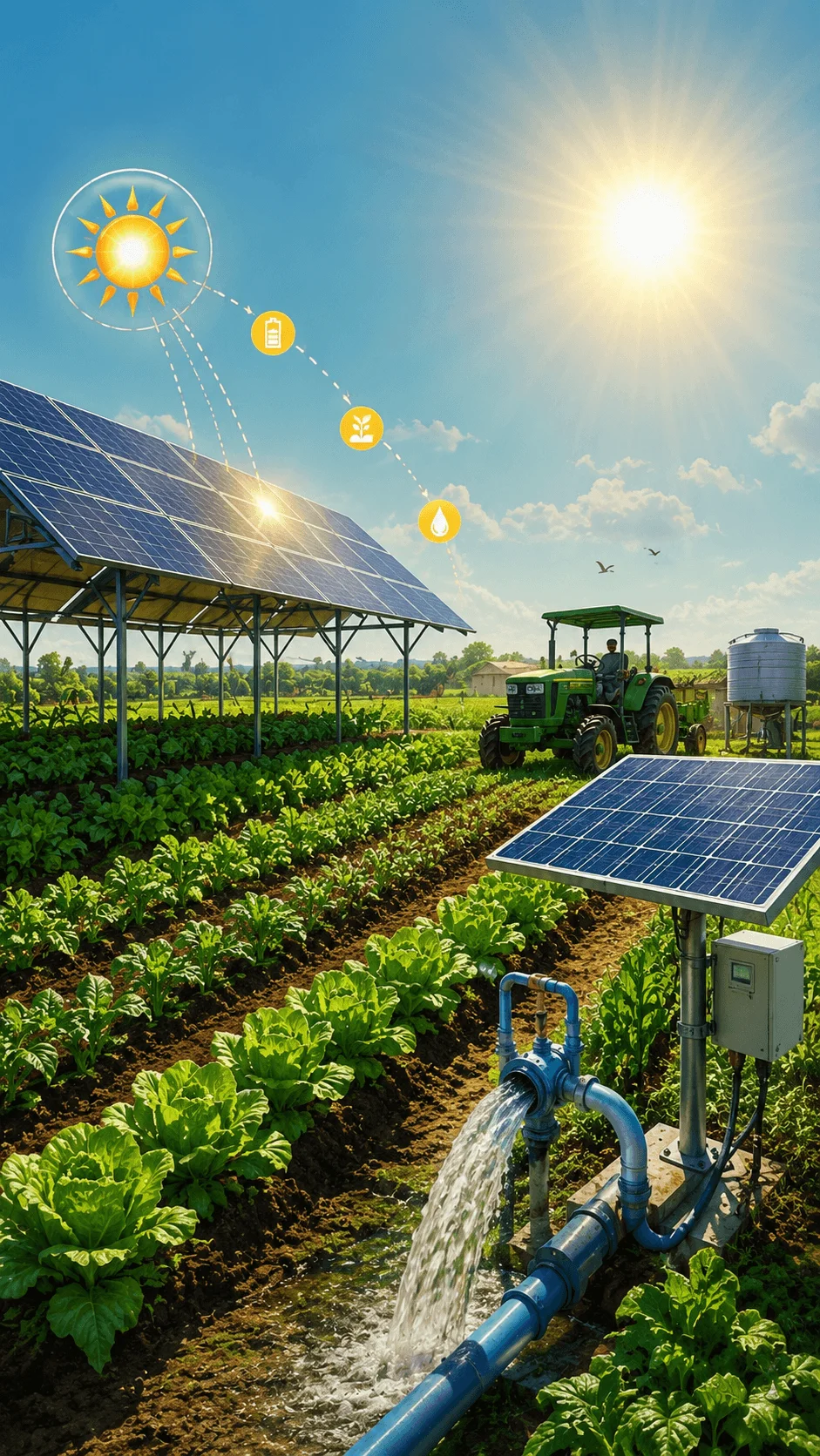 Solar powered farming system with solar panels water irrigation pipes green crops tractor and renewable energy technology for sustainable agriculture
